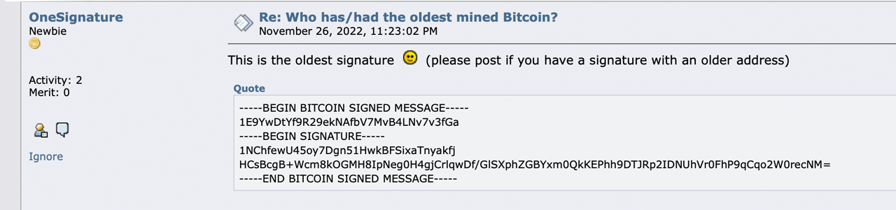Eine unbekannte Person unterzeichnete eine Nachricht im Zusammenhang mit BTC-Block 1,018, die Belohnung wurde 16 Tage nach dem Start von Bitcoin durch Satoshi geprägt