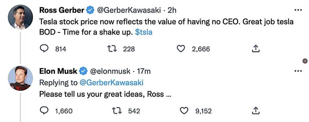 Tuit de Ross Gerber sobre Tesla 12-20-22