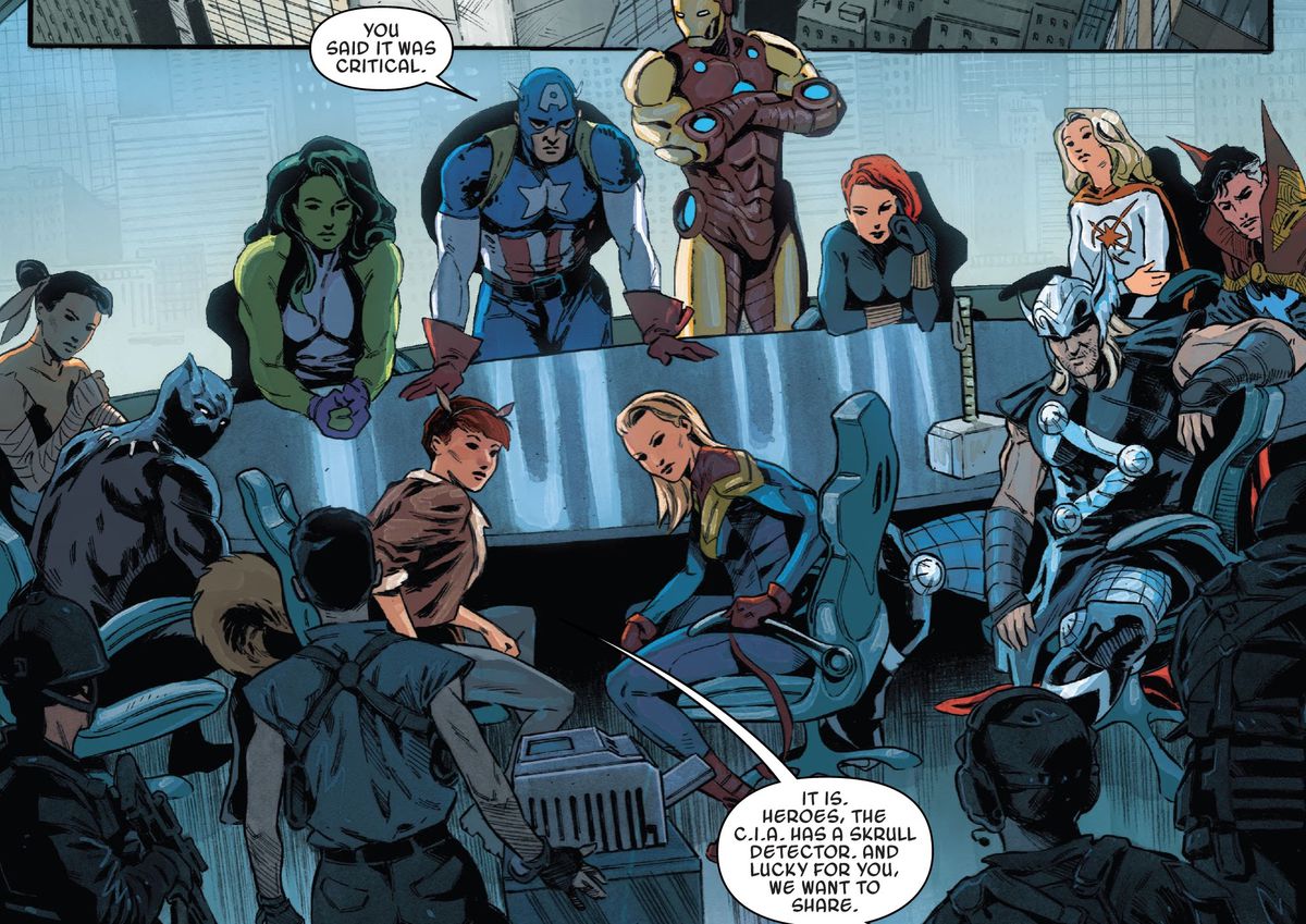 The modern Avengers — and Squirrel Girl — sit around a table as Maria Hill demonstrates her new Skrull detector in Secret Invasion #2 (2022). 