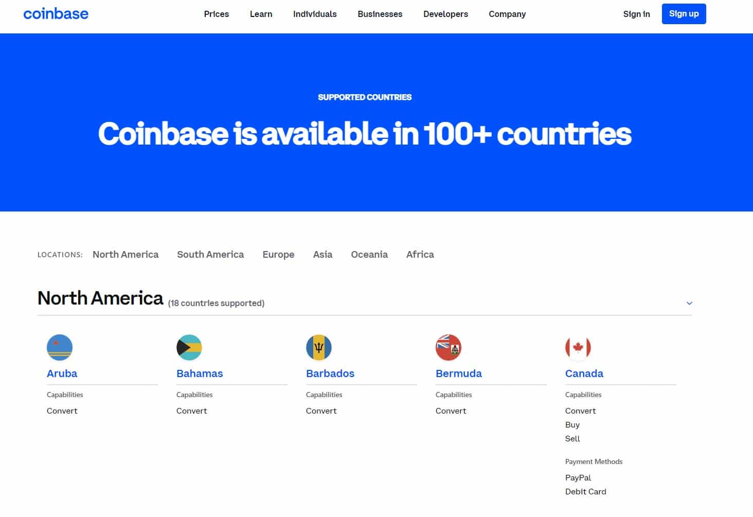 Países admitidos por Coinbase