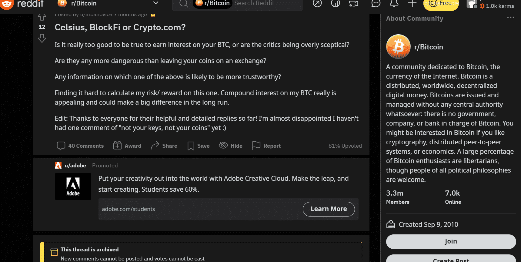 Ein Gespräch über BlockFi und Crypto.com auf Reddit