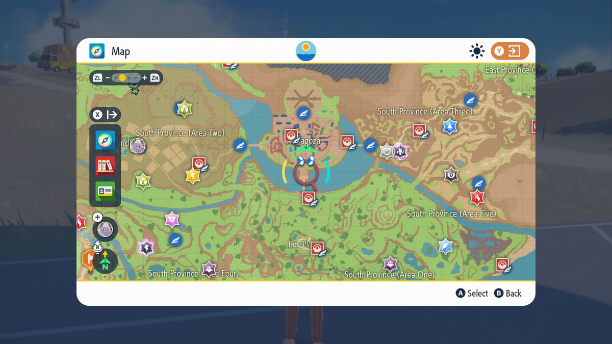 The map in Pokémon Scarlet shows the southern area of the Paldea region, which includes named areas like “South Province (Area Two)” and “South Province (Area Five).” There are no borders around these areas, so it’s not completely clear where each one ends and the next begins.