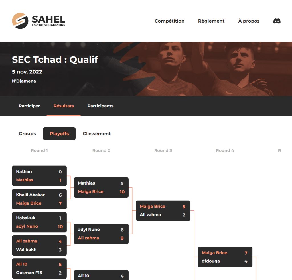 Imagen de la página de resultados del sitio web de Sahel Esports Champions