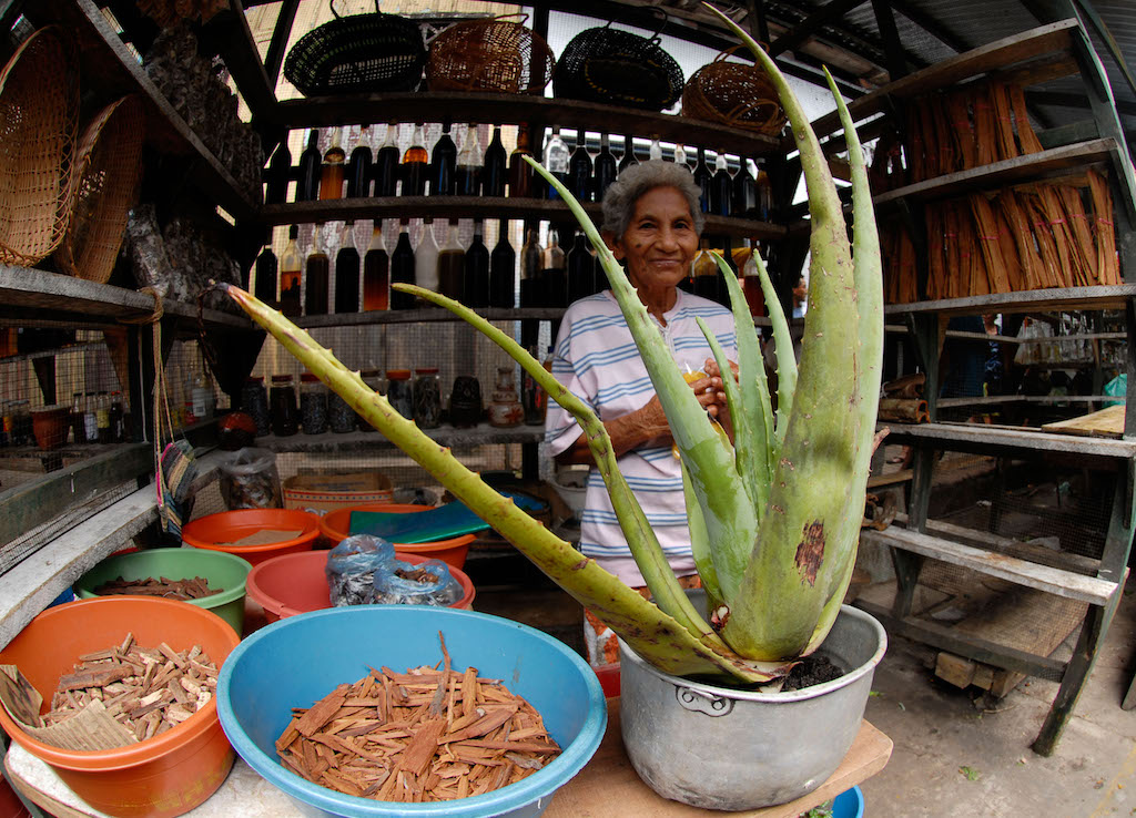 Mujer vendiendo plantas medicinales en Iquitos, Perú.
