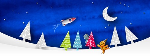 Ingenium-vakantieafbeelding met een raket die door een sterrenhemel vliegt, een robot die zich verschuilt achter een dennenboom en een peperkoekmens die schaatst met drie van de dennenbomen in de Ingenium-kleuren groen, blauw en rood. (CNW Groep/Ingenium)