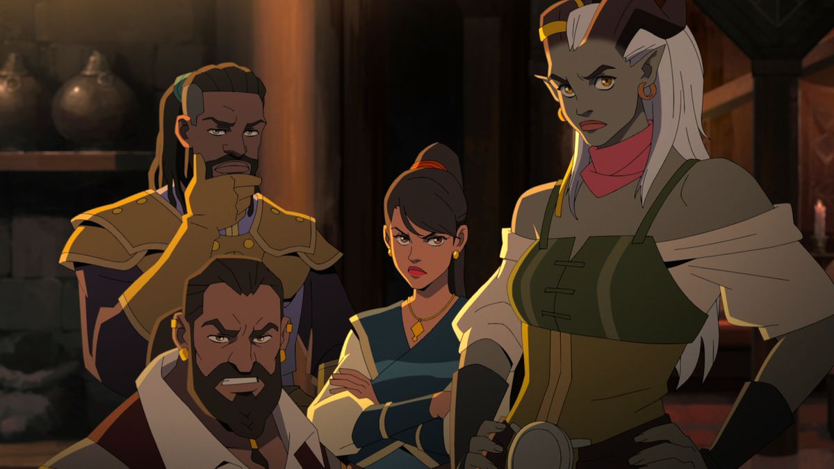 in a scene from the animated series Dragon Age: Absolution, a group of mercenaries stand in a tavern, looking surly. a dwarf man growls on the bottom left. standing behind him is a human with dreadlocks. next to him is a human woman with her arms crossed, looking cross. and on the far right is a tall, Qunari lady with gray skin and horns