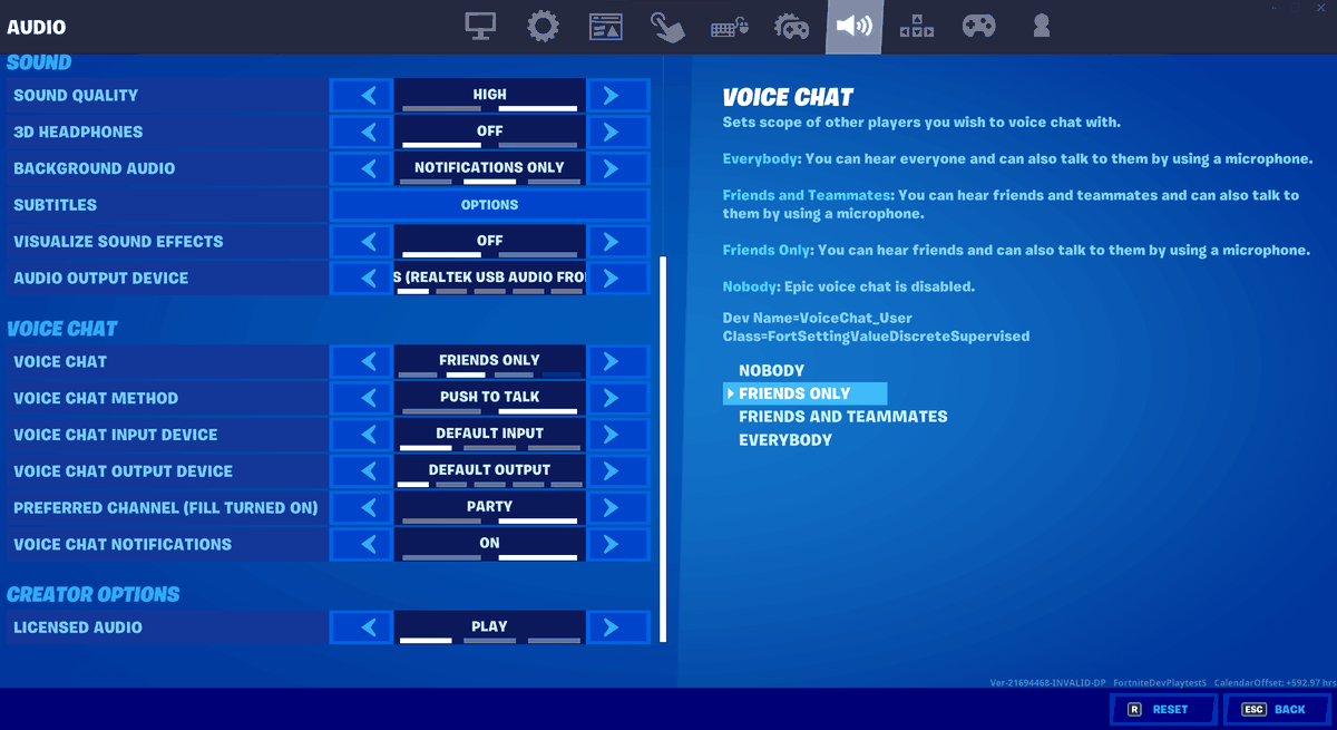 The audio and chat settings menu in Fortnite.