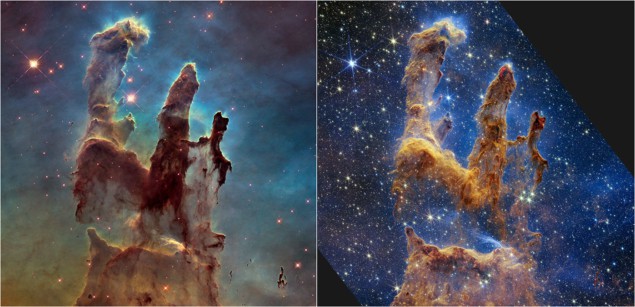 Die Säulen der Schöpfung, gesehen vom James-Webb-Weltraumteleskop und dem Hubble-Weltraumteleskop