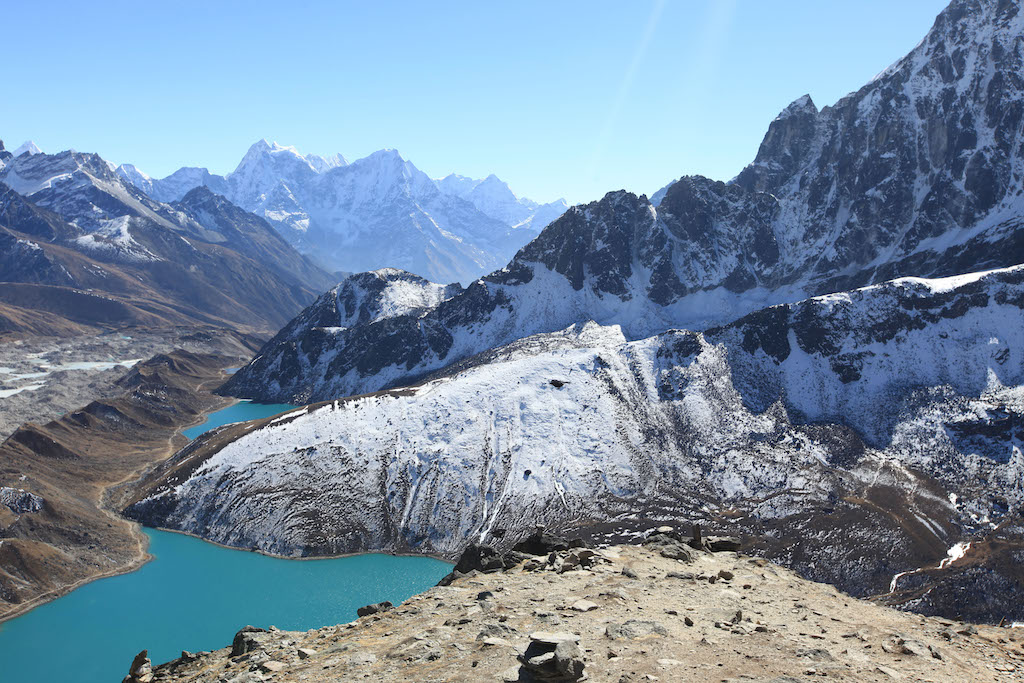 View of Gokyo village, glacier and lake from Gokyo-Ri in the Himalayas, Nepal, December 2011.