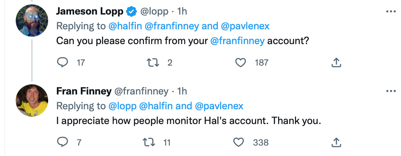 Hal Finney's Wife Fran Activates Her Husband's Twitter Account to Protect It From 'Being Purged' by Elon Musk