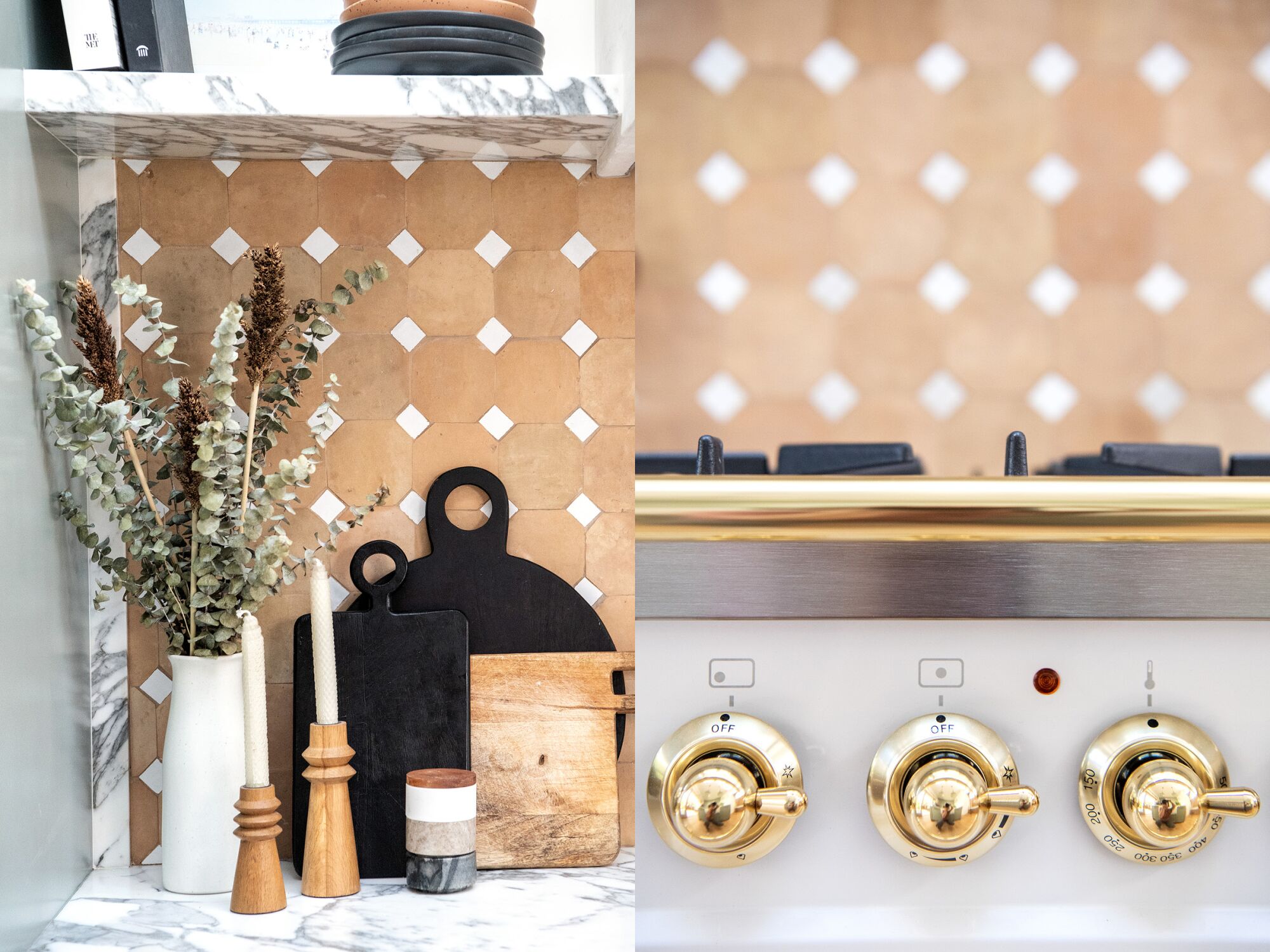Two pictures side by side featuring the details of a kitchen.