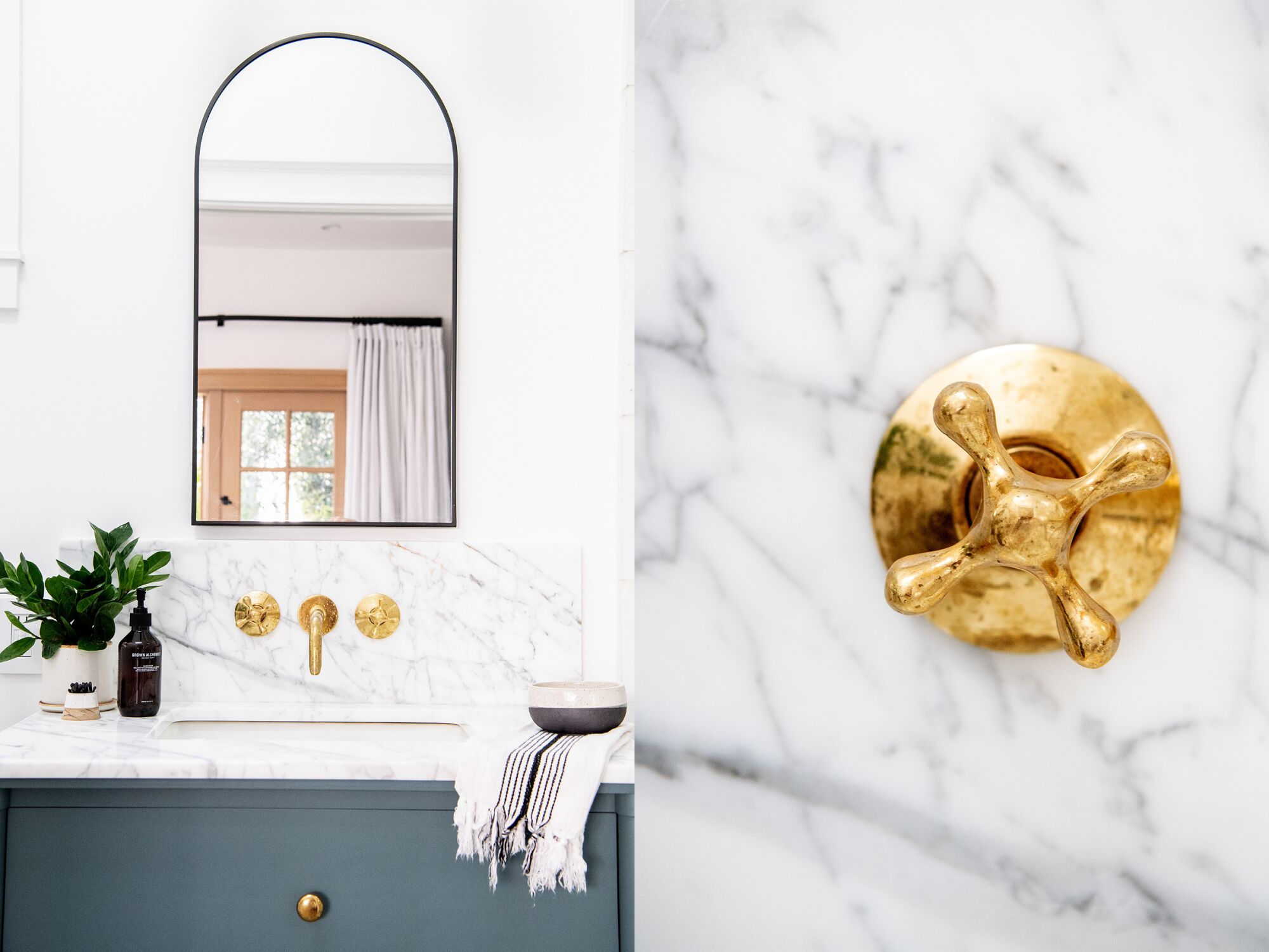 Two pictures side by side of a bathroom sink, left, and a water faucet knob against a marble backsplash, right.