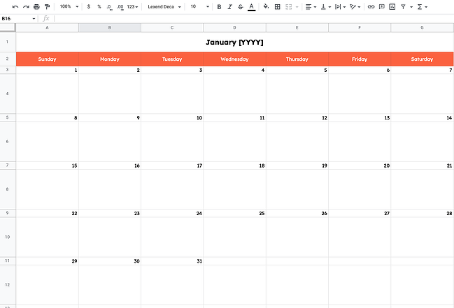 Google Sheets calendar example: January