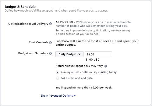 facebook ad budget and schedule page