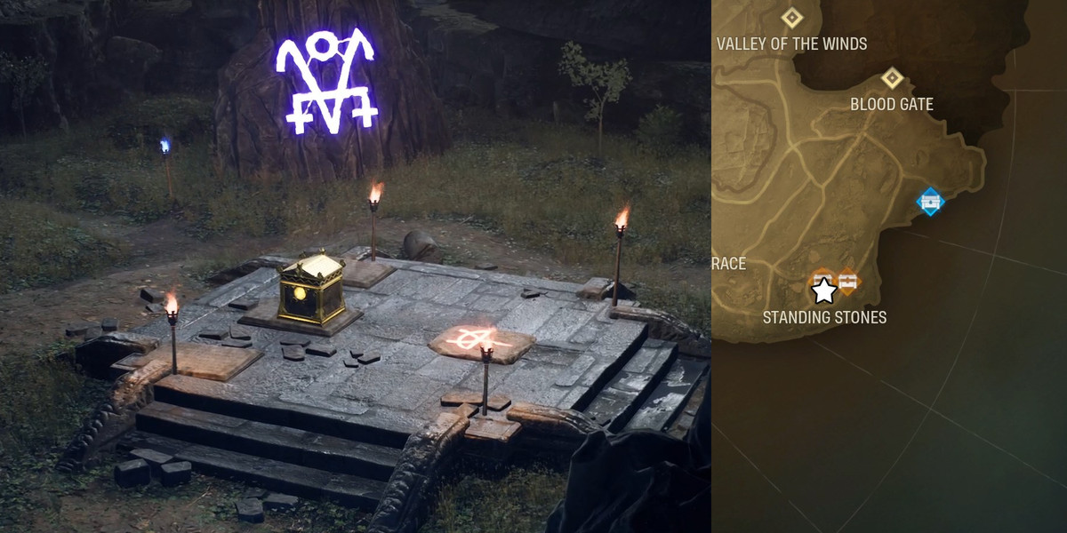 Glowing golden chest surrounded by four torches and glowing sigils