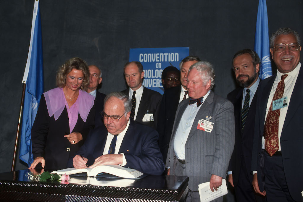 生物多様性条約と国連環境開発会議に署名するドイツのヘルムート・コール首相、リオデジャネイロ、1992年。