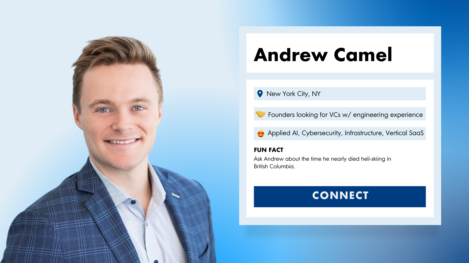 Image and infographic of Andrew Camel, a vice president on the investment team at OpenView.
