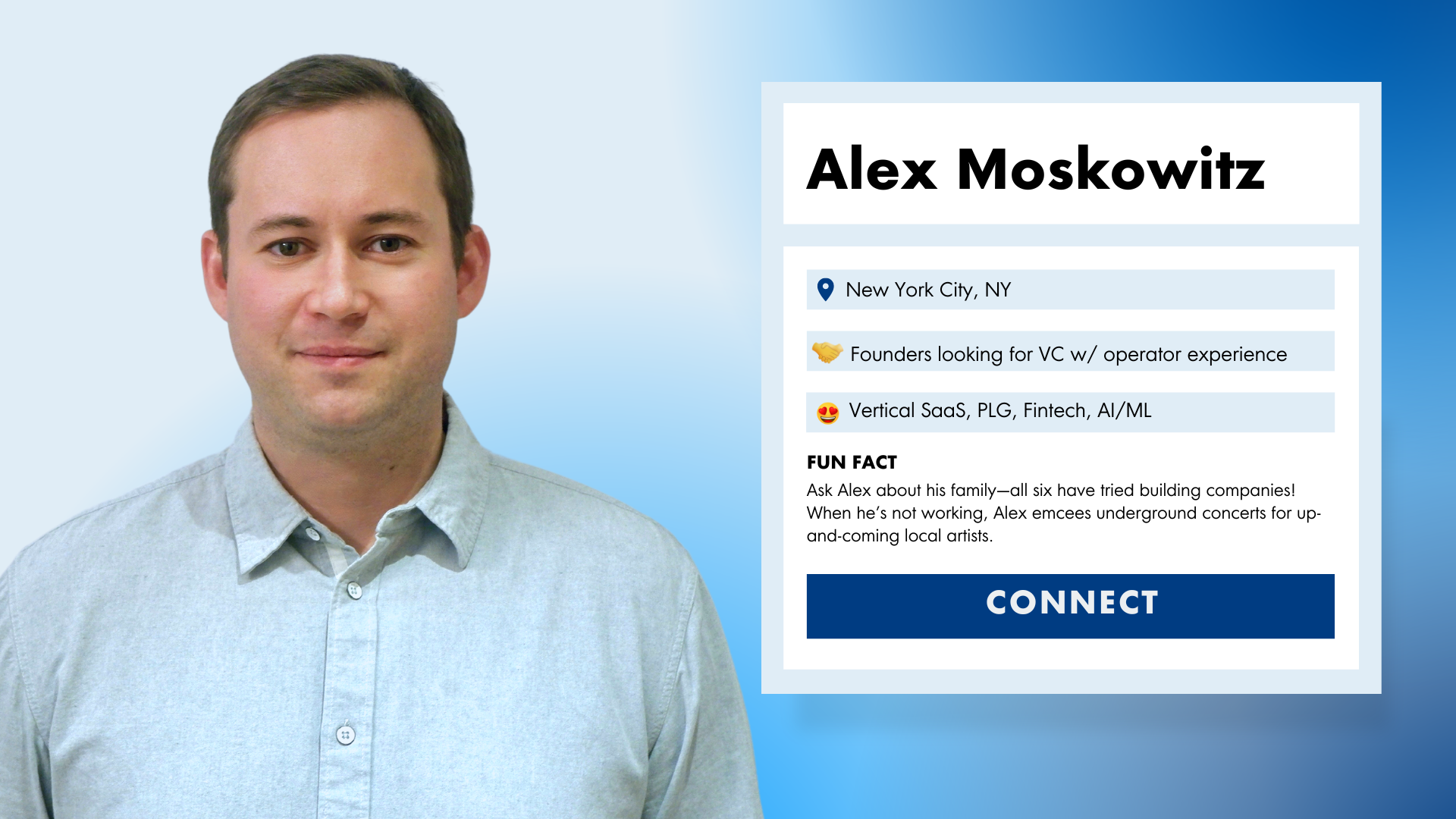 Image and infographic of Alex Moskowitz, an investment team VP at OpenView.
