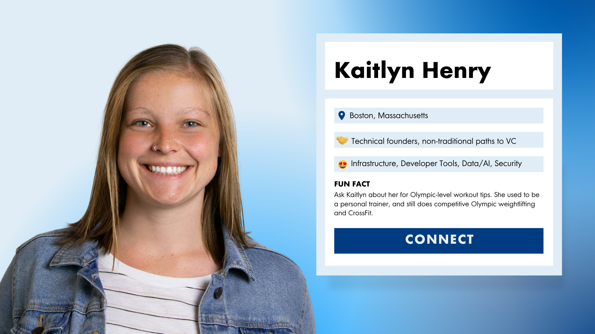 Infographic of Kaitlyn Henry, a new investment VP at OpenView. She is blond, wearing a jean jacket and a white shirt with thin gray stripes. It shows her interests in infrastructure in tech, dev tools, security, and other areas. 