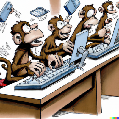 Uppmaning: tränade apor som slår iväg mot datorns tangentbord, tecknad konst