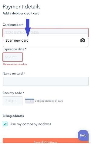 diseño de formulario móvil, opción de escaneo de tarjeta