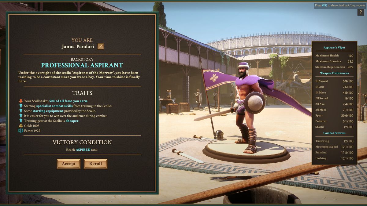 Menu and screen showing a new character in We Who Are About to Die; he carries a shield and sword and is wearing a blue cowl. The Colosseum is in the distance.