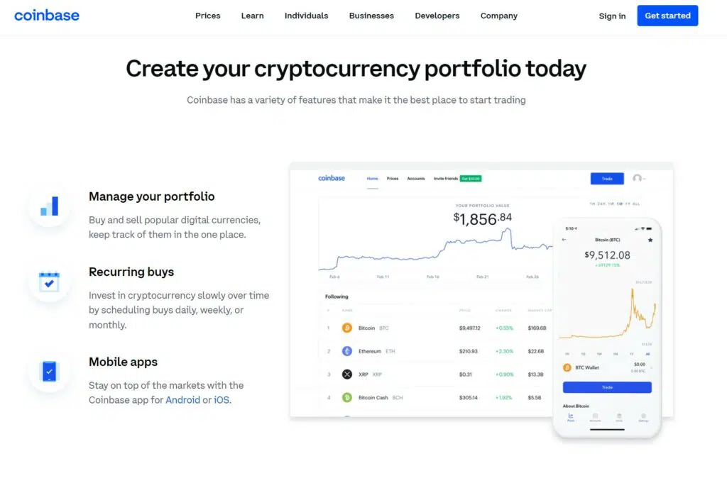 Página de inicio de Coinbase