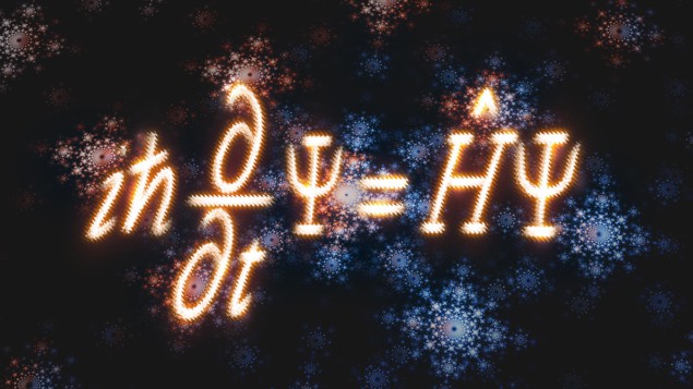 Image showing Schrodinger's equation (i h-bar d by dt of psi equals the Hamiltonian operator acting on psi) in sparkly writing, with a background of festive snowflakes