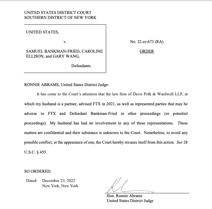 Court order by Judge Ronnie Abrams recusing herself from SBF's criminal trial.