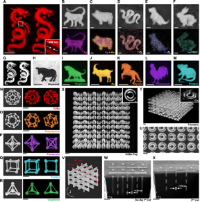 (A) Hình ảnh huỳnh quang của hai con rồng CdSe QDs không bị co lại; hình nhỏ cho thấy độ phân giải ~ 200nm. (BF) Hình ảnh SEM (trên cùng) và EDX (dưới cùng) của một con khỉ Ag; lợn hợp kim Au-Ag; rắn TiO2; chóa Fe3O4; và thỏ của NaYREF4, tương ứng. (G) Thiết kế hoa văn rồng trong (A). (H) Hình ảnh hiển vi quang học của một con bò kim cương. (IM) Hình ảnh huỳnh quang của một con hổ bằng graphene; dê huỳnh quang Au; ngựa polystyrene; gà trống huỳnh quang; và chuột của protein huỳnh quang, tương ứng. (NR) Mô hình 3D và hình ảnh huỳnh quang (phép chiếu cường độ cực đại) của các cấu trúc được chế tạo theo hình dạng của phân tử C60, khối mười hai mặt đều, bát diện đều, khối lập phương và tứ diện đều bằng các vật liệu khác nhau, tương ứng. (S) Chế độ xem từ trên xuống của cấu trúc bộ cộng hưởng vòng tách năm lớp (SRR); hình nhỏ: đơn vị SRR; và (T) chế độ xem ba chiều của cấu trúc SRR; hình nhỏ: chế độ xem lát cắt của một đơn vị SRR. (U) Ảnh SEM của lớp trên cùng của cấu trúc SRR sau khi bị co lại và mất nước. (V) Mô hình 3D của cấu trúc đống gỗ chứa 16 thanh dọc dọc theo trục z. (W, X) Hình ảnh cắt ngang SEM của đống gỗ được chế tạo tại hai mặt phẳng cắt trong (V), tương ứng. (Góc nghiêng đế: 52°). Thanh tỷ lệ là 1 Pha cho (BF, U, W, X và các phần tử của S và T); và 10 µm đối với (A, HM, NT). CREDIT Đại học Trung Văn Hồng Kông