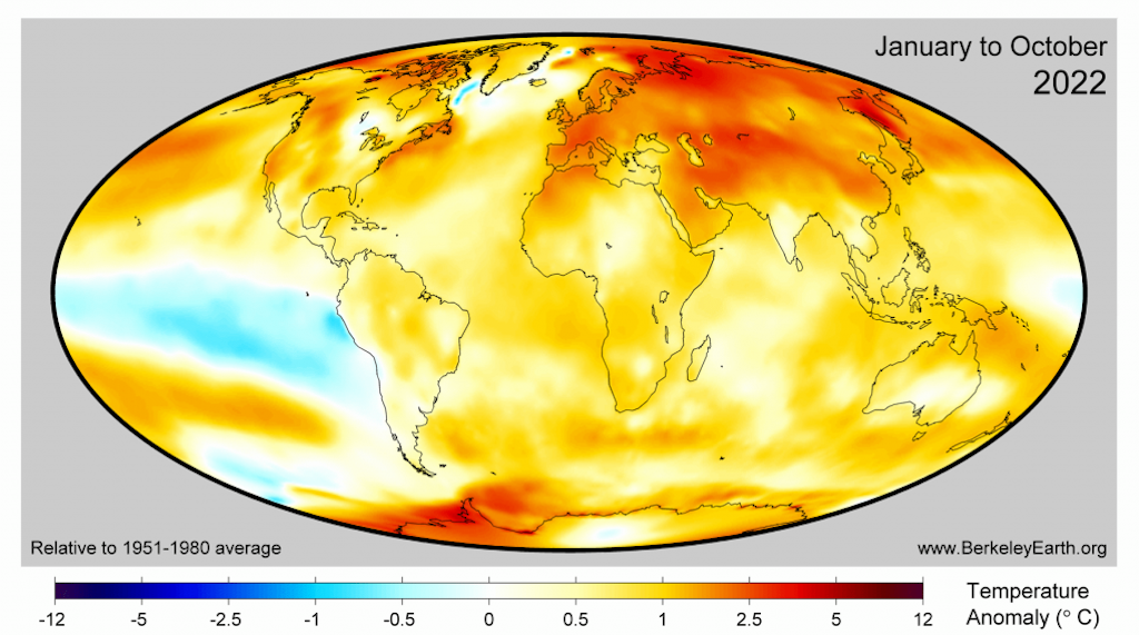 Bản đồ nhiệt độ bề mặt toàn cầu từ đầu năm đến nay (từ tháng XNUMX đến tháng XNUMX) do Berkeley Earth cung cấp.