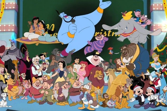 een verzameling Disney-personages - waaronder de Genie, dumbo, simba en meer - die een kerstlied zingen