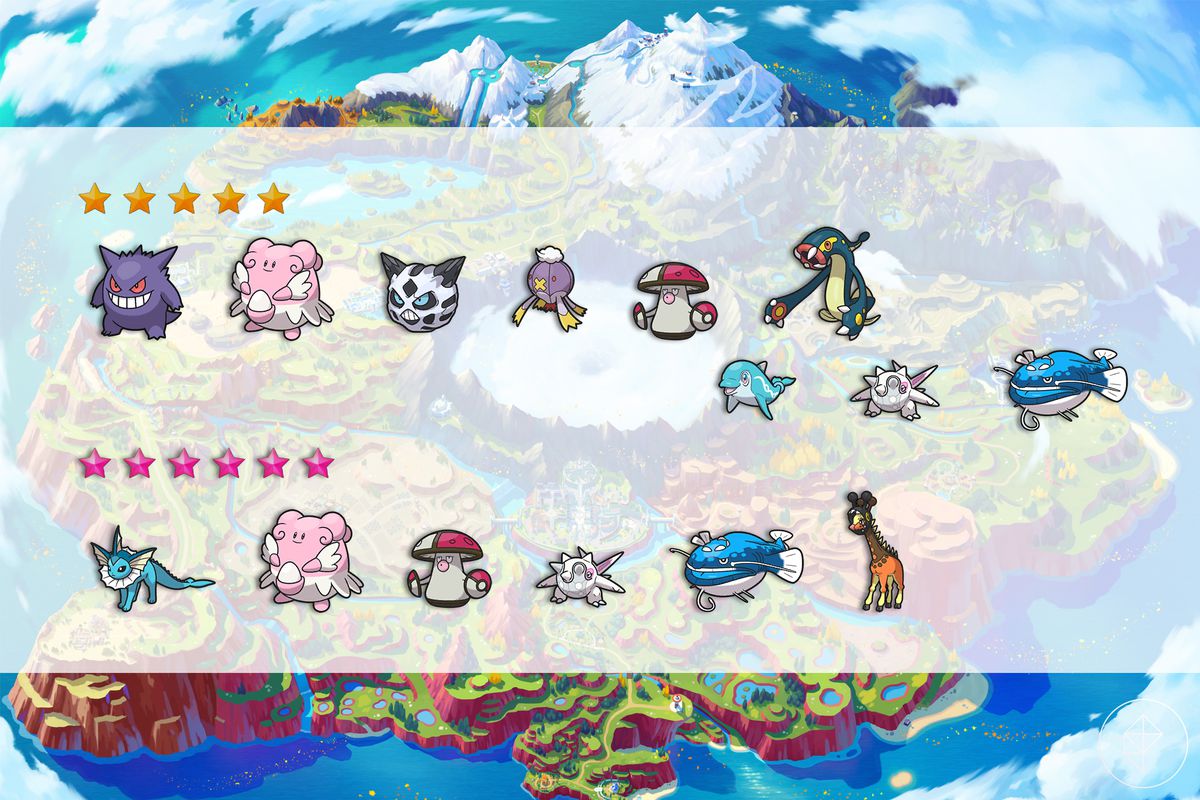 Five- and six-star raid targets over a map of Paldea. Gengar, Glalie, Drifblim, and others are under five-star and Vaporeon, Blissey, and others are under six-star.