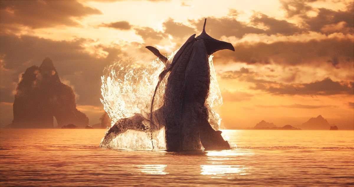 a space whale leaping out of the water against a majestic sunset in avatar: the way of water