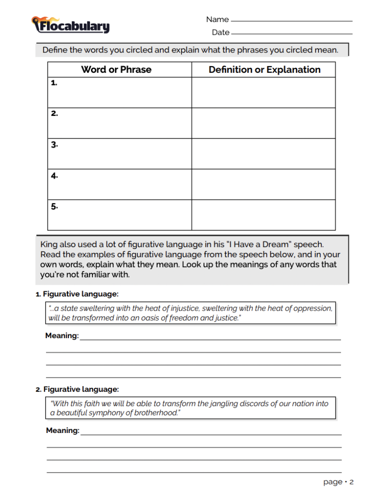 "I Have a Dream" speech analysis and figurative language worksheet for Black History Month