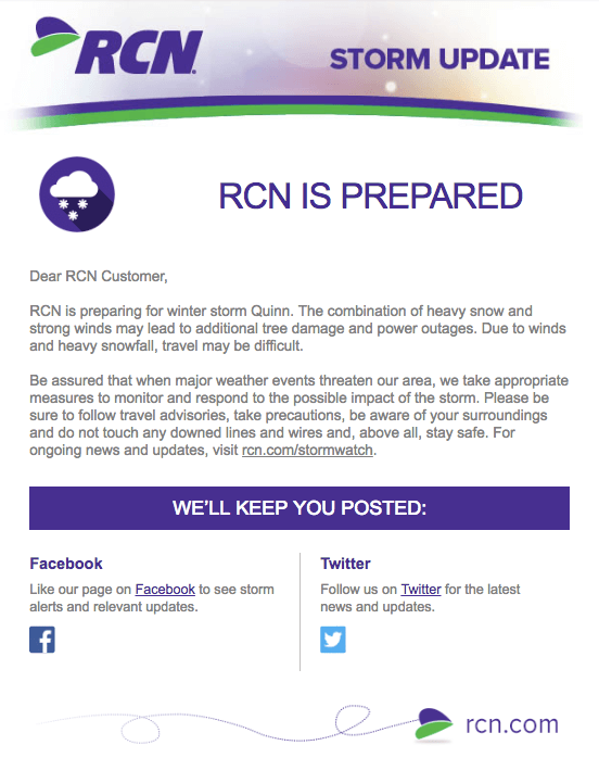 Eメールマーケティングの例：RCN-「RCNは冬の嵐クインの準備をしています」