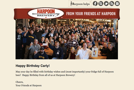 メールマーケティングキャンペーンの例：ハープーン醸造所-「お誕生日おめでとうカーリー！」