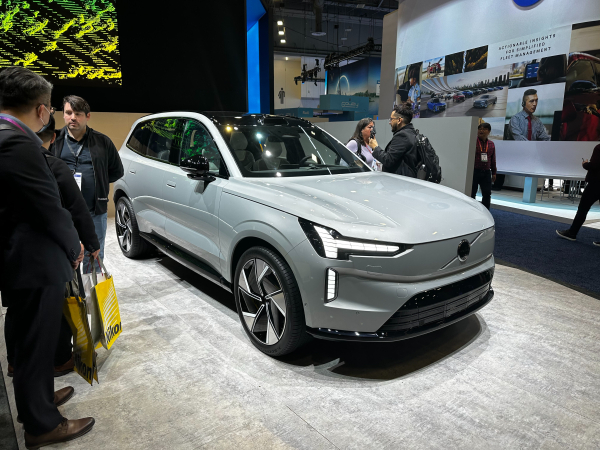 Gray all-electric 2024 Volvo EX90 SUV on display at CES 2023