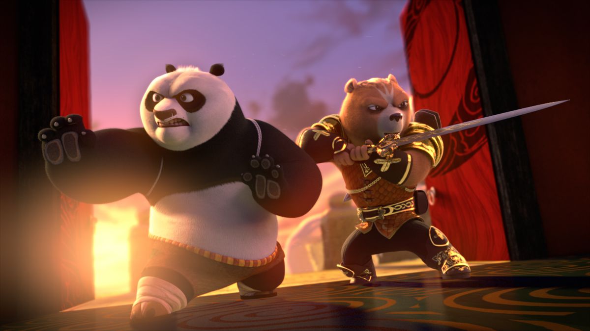 po the panda in a fighting stance, next to a bear who is also an english knight, who wields a sword