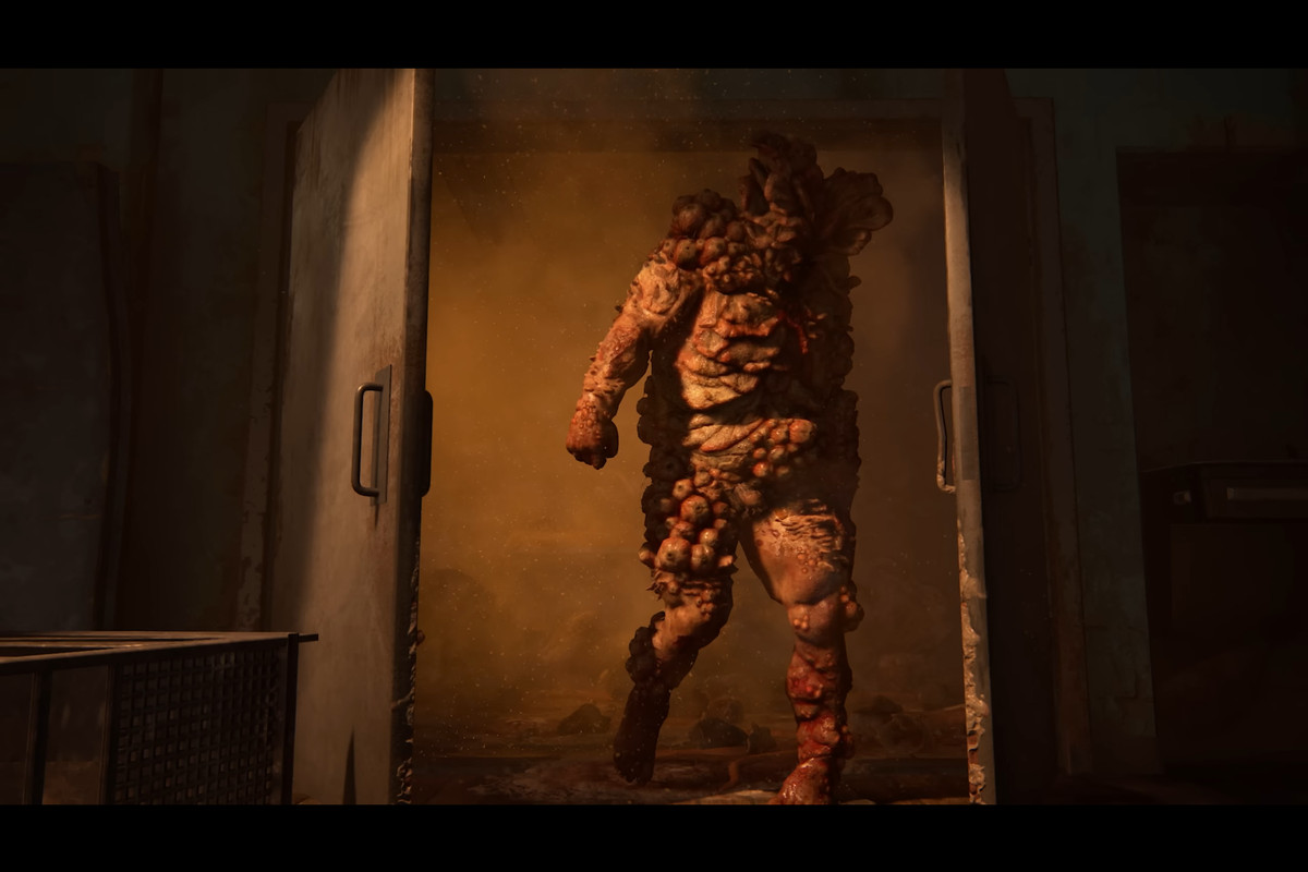 A grotesque bloater coming through a door
