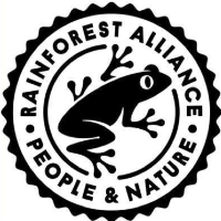 Keurmerk voor Rainforest Alliance. Het toont een kikker in het midden met de woorden "Rainforest Alliance" "People & Nature" die het omschrijven.