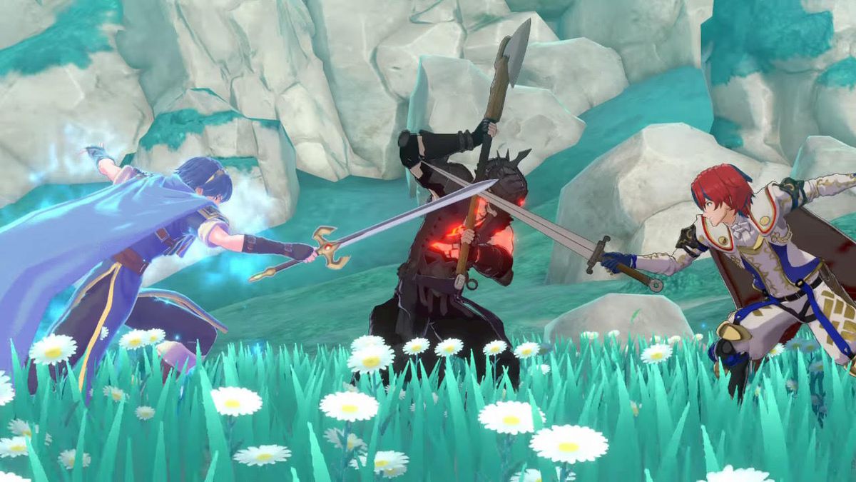 Alear and Marth cross swords in front of a Corrupted enemy in Fire Emblem Engage