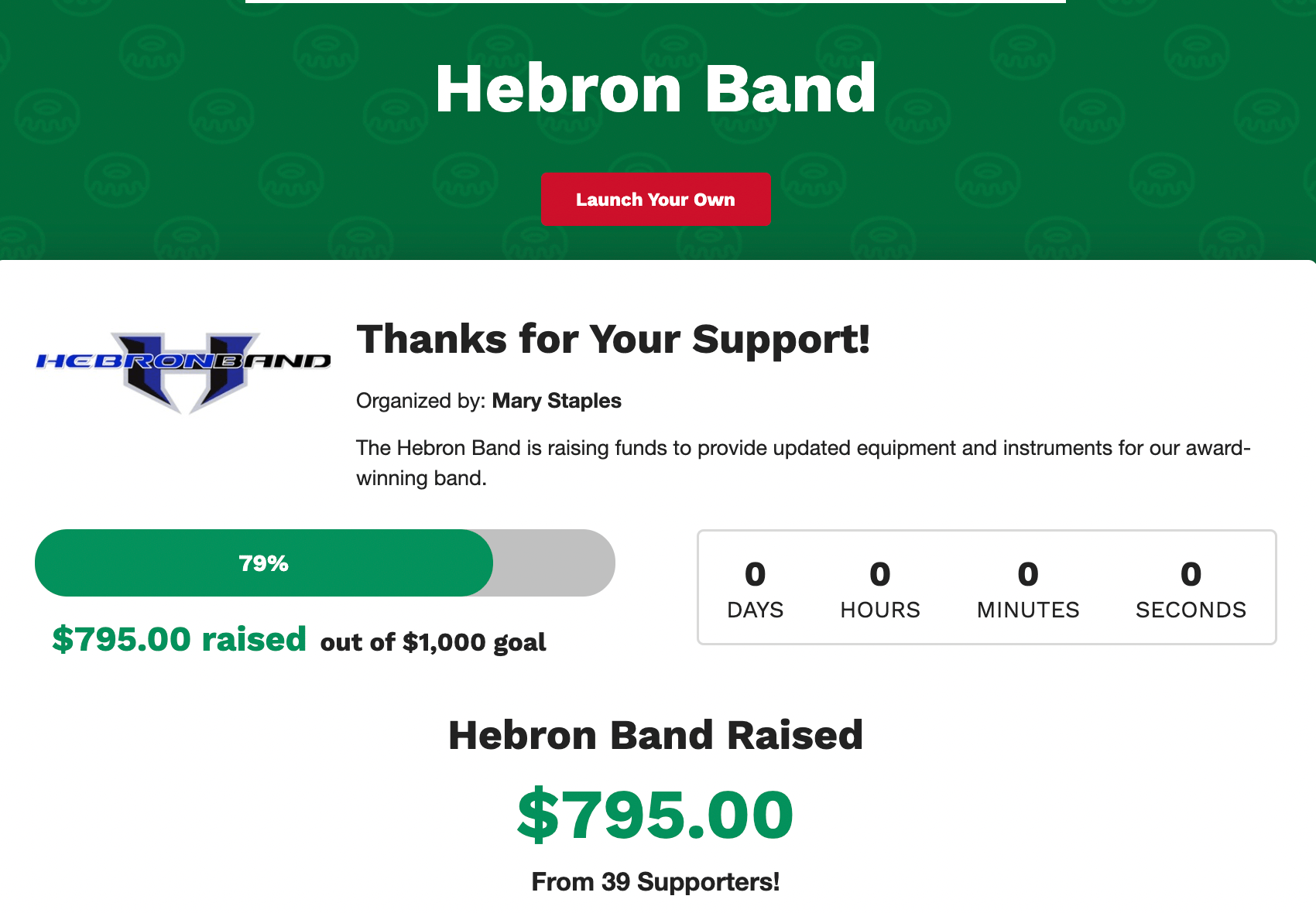 Hebron Band の Digital Dozens 募金キャンペーン ページ