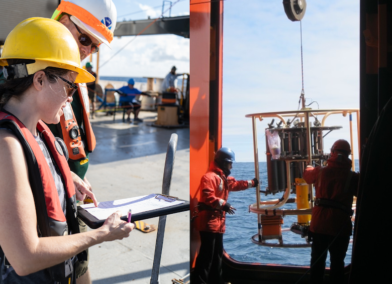 SAMOC scientists working on cruises in the South Atlantic. Dr Renellys Perez (left) deploying a moored buoy in the tropical Atlantic, 2021, and Dr Maria Paz Chidichimo (right) deploying a CTD rosette in the Drake Passage.