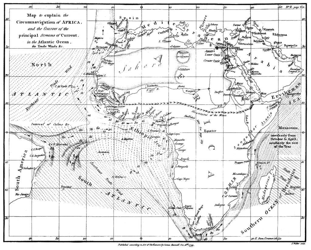 1832년 영국 해양학자 James Rennels가 제작한 남대서양의 표층 해류에 대한 최초의 지도. 출처: Wikimedia.