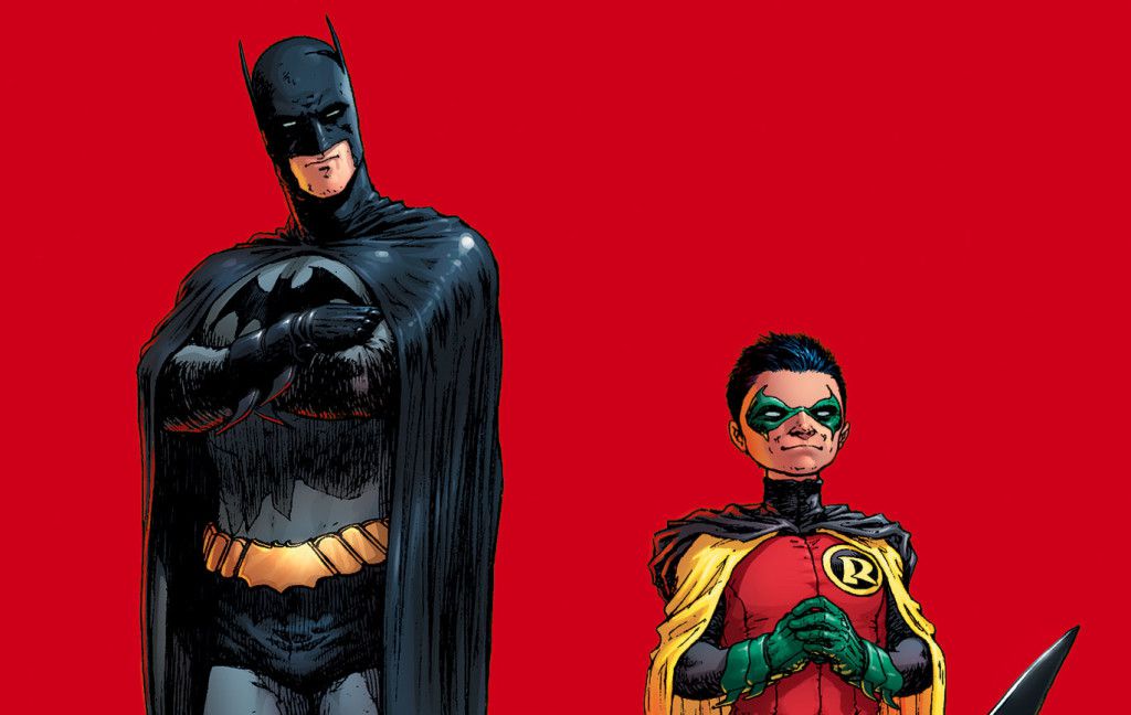 Batman vouwt zijn handen terwijl hij neerkijkt op een jong kind Robin in Grant Morrisons Batman-rennen