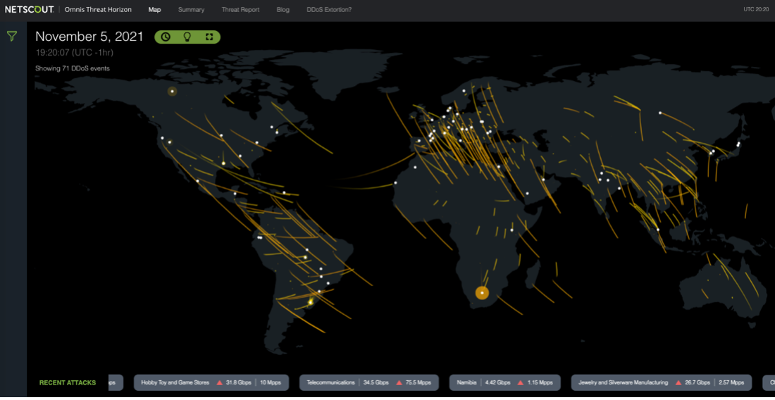 NETSCOUT Omnis Threat Horizon: Mapa de ataques DDoS en tiempo real