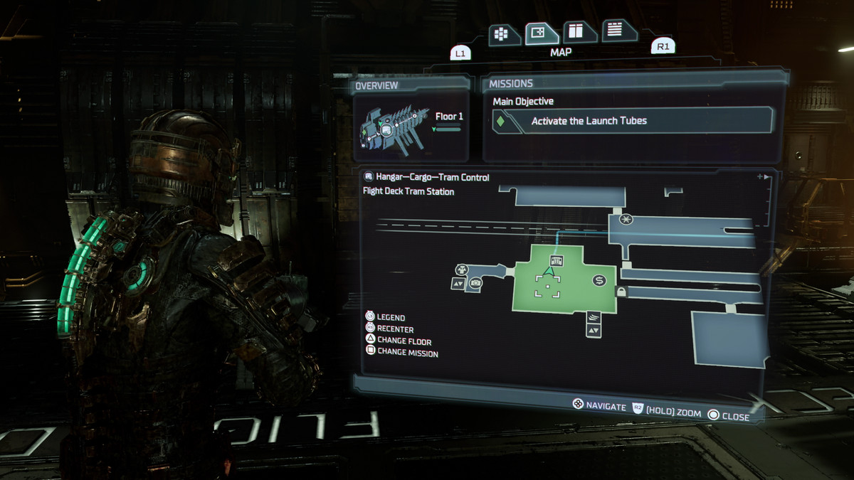 Dead Space Isaac kijkt naar de kaart van het Hangar-Cargo-Tram Control Flight Deck Tram Station