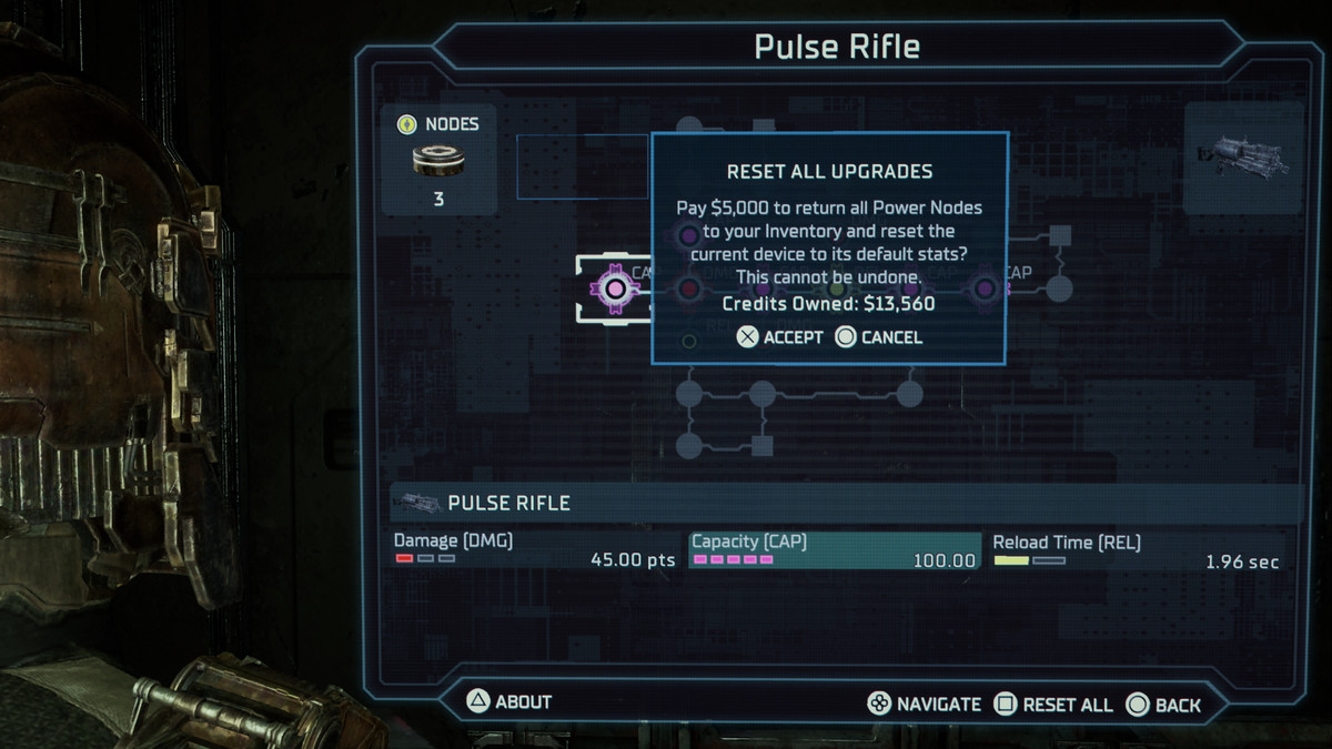 Dead Space Isaac gebruikt een bank om alle upgradeknooppunten in de Pulse Rifle te resetten.
