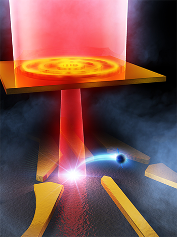 Bir yüzey plazmon anteni ve kuantum noktalarında elektronların uyarılması kullanılarak fotonların yarı iletken yanal kuantum noktalarına verimli şekilde aydınlatılmasının kavramsal illüstrasyonu